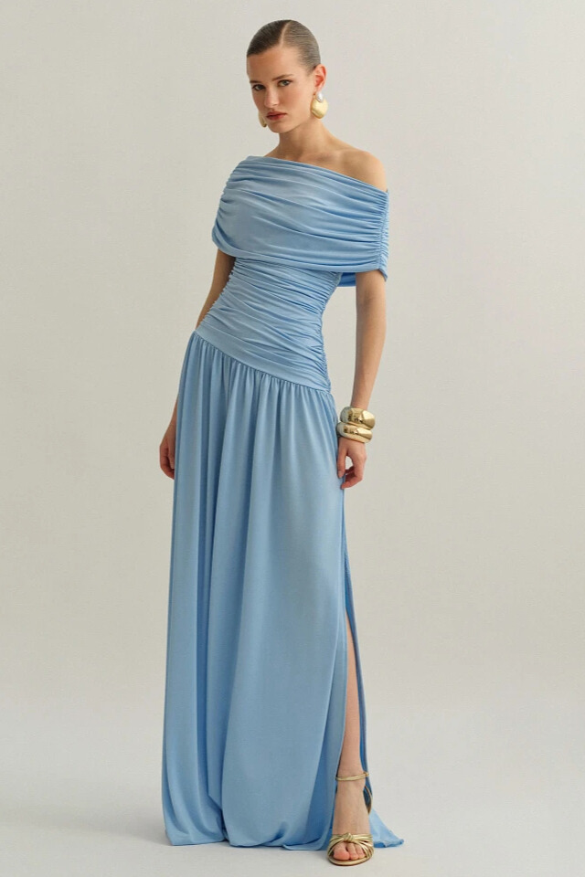  Zinnia Asymmetric Shoulder Ruched Split Maxi Dress In Blue