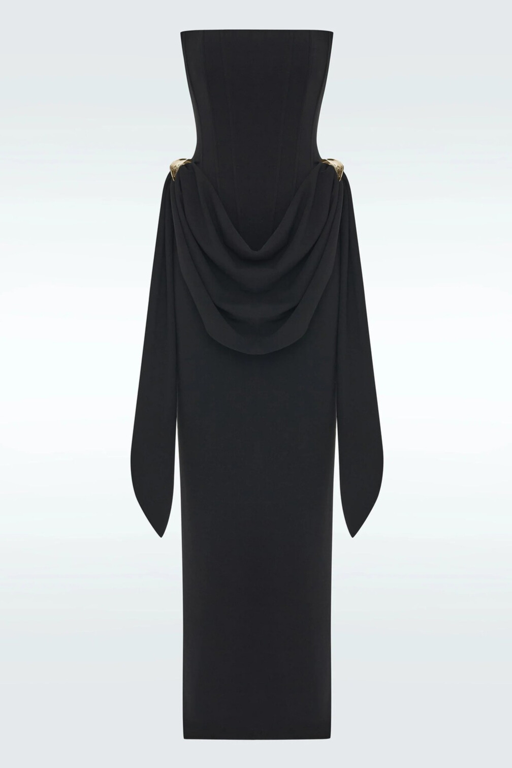 Eyre Strapless Corset Draped Maxi Dress In Black