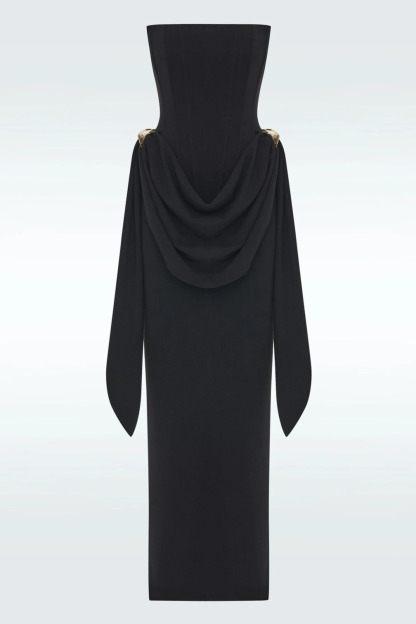 Eyre Strapless Corset Draped Maxi Dress In Black