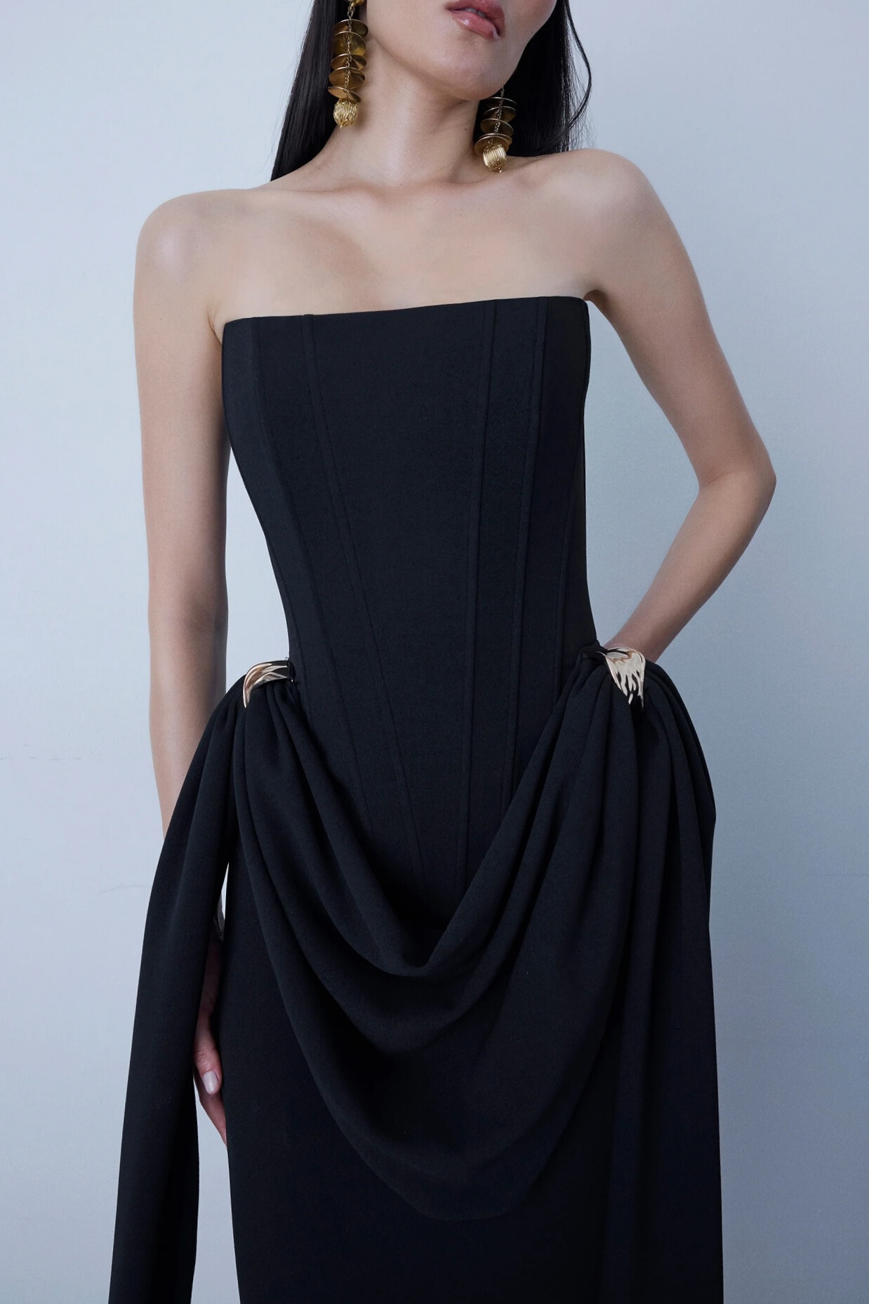 Eyre Strapless Corset Draped Maxi Dress In Black