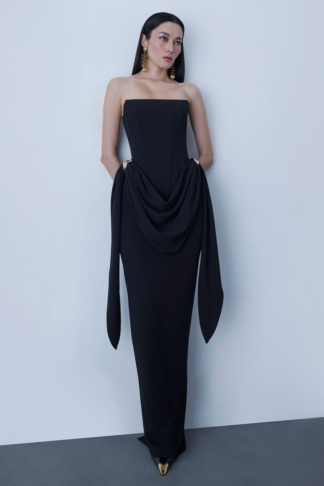 Eyre Strapless Corset Draped Maxi Dress In Black