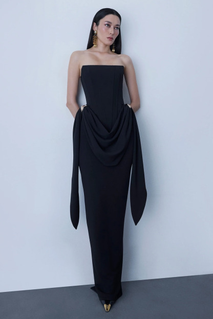 Eyre Strapless Corset Draped Maxi Dress In Black