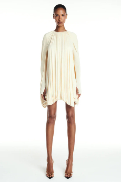 Minerva Cape Sleeve Ruched Mini Dress In Apricot