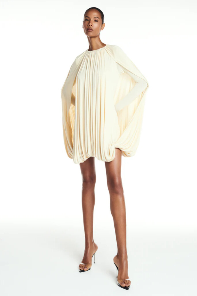 Minerva Cape Sleeve Ruched Mini Dress In Apricot