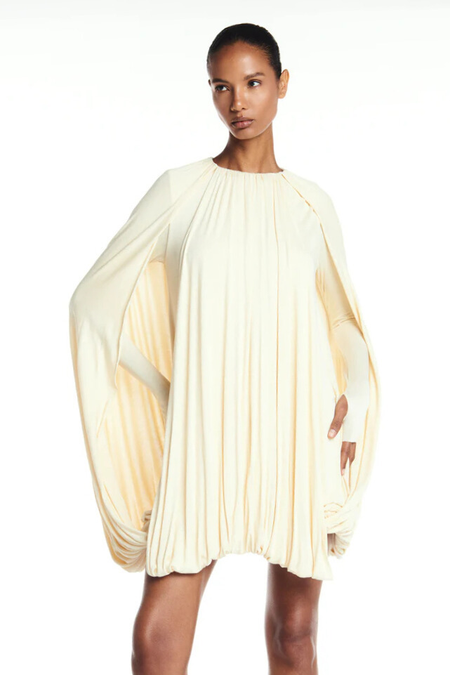 Minerva Cape Sleeve Ruched Mini Dress In Apricot