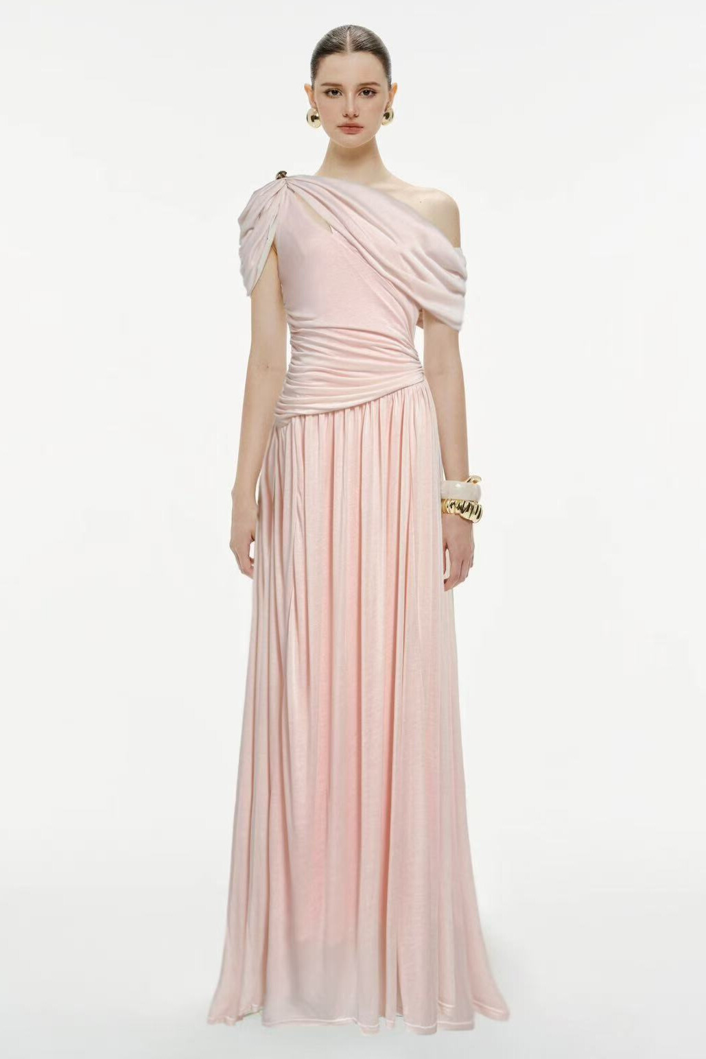 Lucinda Asymmetric Draped Shoulder Pleated Maxi Dress In Pink