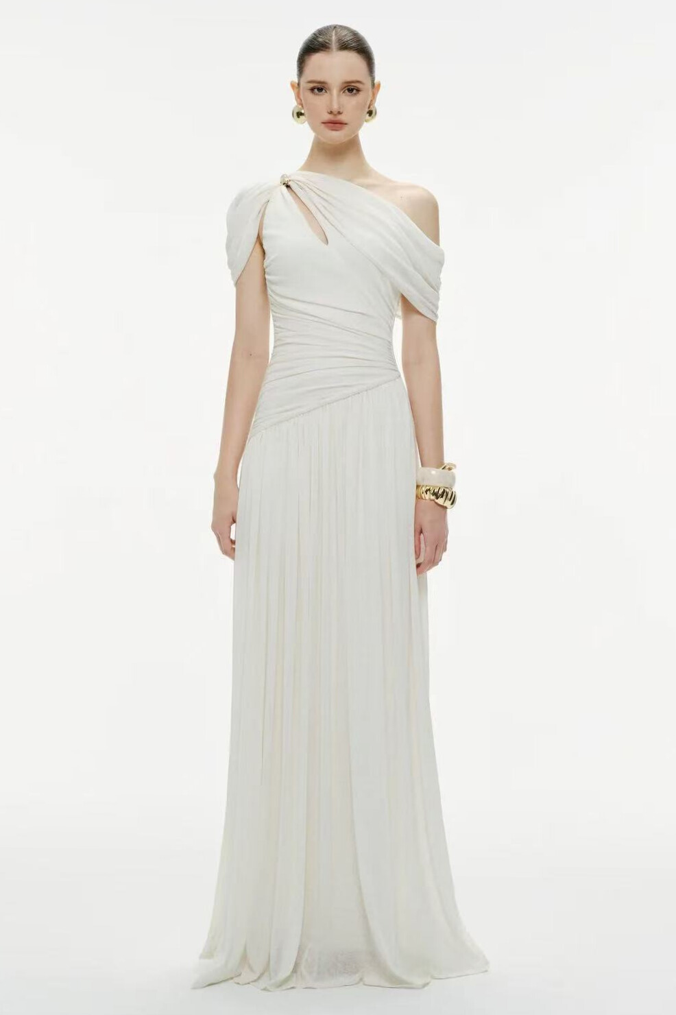 Lucinda Asymmetric Draped Shoulder Pleated Maxi Dress In White
