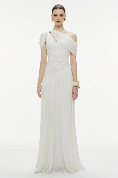 Lucinda Asymmetric Draped Shoulder Pleated Maxi Dress In White