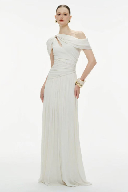 Lucinda Asymmetric Draped Shoulder Pleated Maxi Dress In White