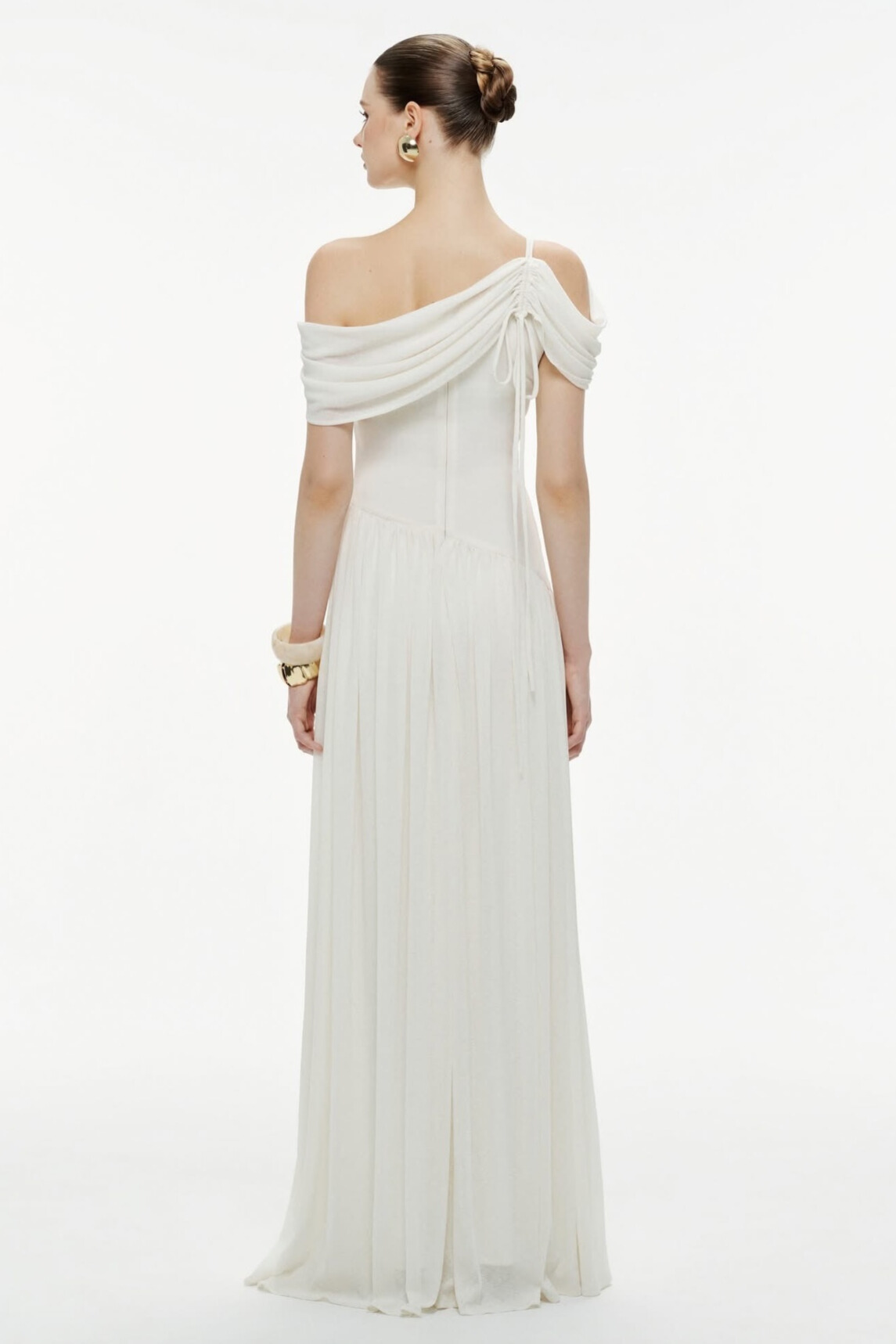 Lucinda Asymmetric Draped Shoulder Pleated Maxi Dress In White