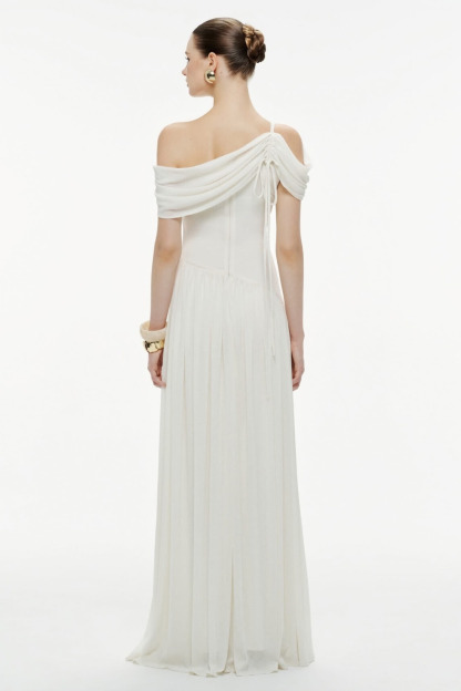 Lucinda Asymmetric Draped Shoulder Pleated Maxi Dress In White