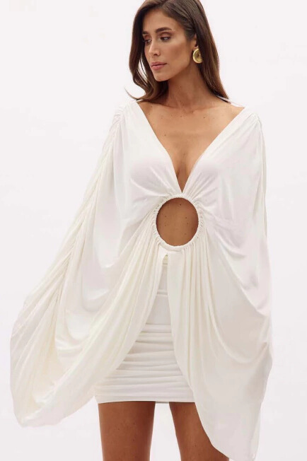 Cinda Plunge Neck Draped Sleeve Cutout Mini Dress In White
