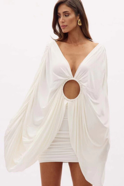 Cinda Plunge Neck Draped Sleeve Cutout Mini Dress In White