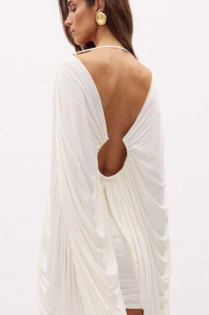 Cinda Plunge Neck Draped Sleeve Cutout Mini Dress In White