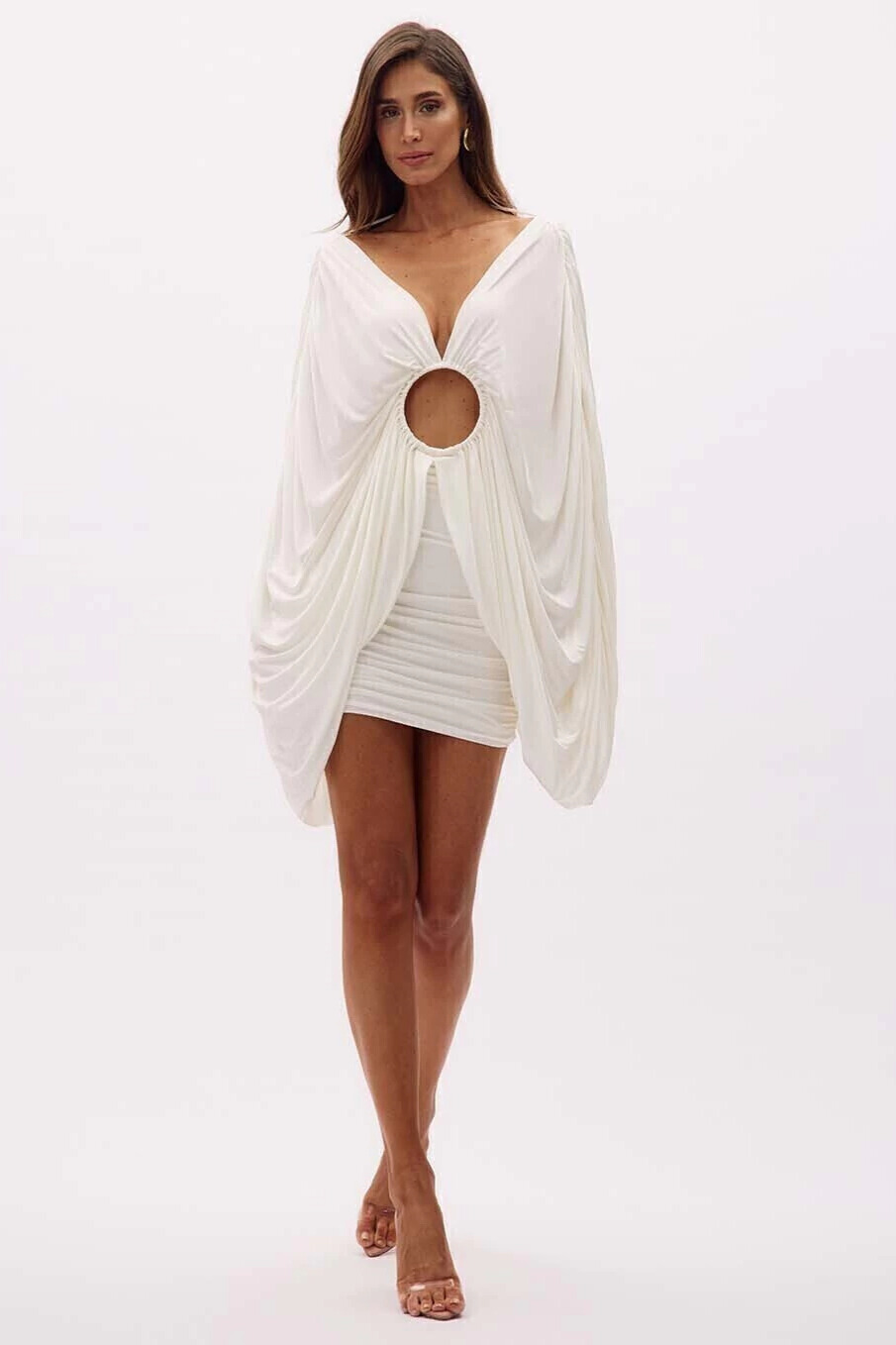 Cinda Plunge Neck Draped Sleeve Cutout Mini Dress In White