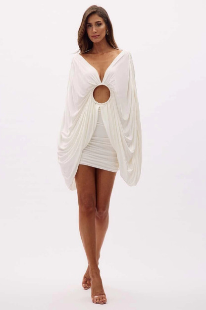Cinda Plunge Neck Draped Sleeve Cutout Mini Dress In White