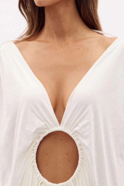 Cinda Plunge Neck Draped Sleeve Cutout Mini Dress In White