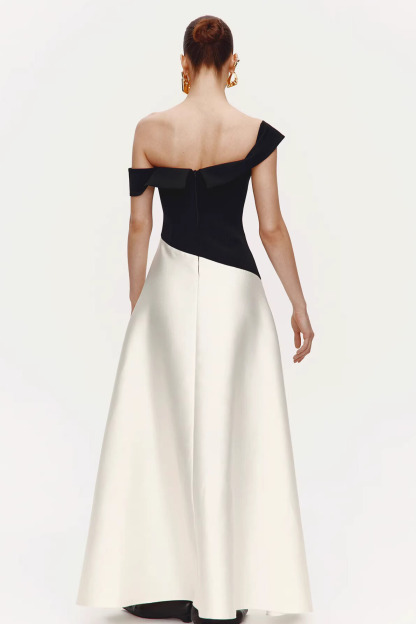 Kayln Asymmetric Shoulder Colorblock Satin Maxi Dress
