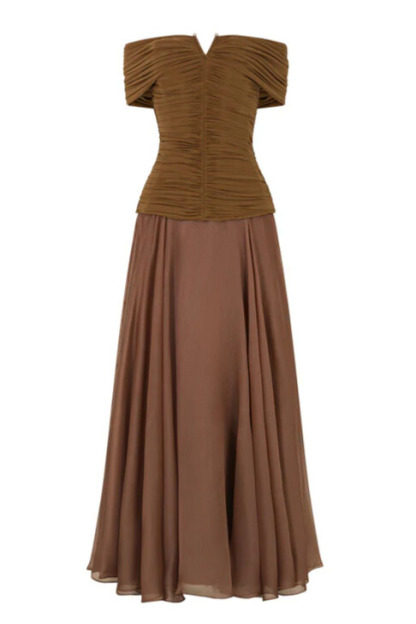 Toria Off Shoulder Ruched Maxi Dress In Brown