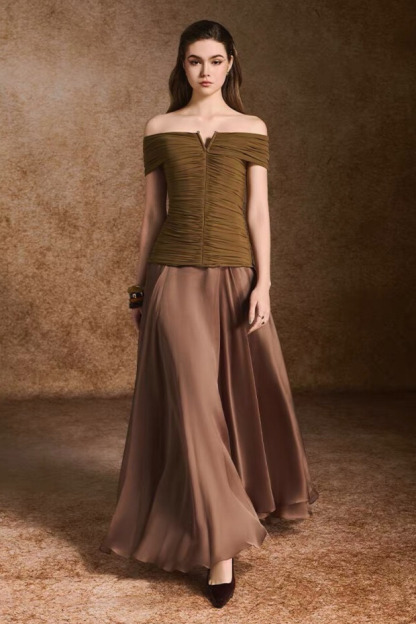 Toria Off Shoulder Ruched Maxi Dress In Brown