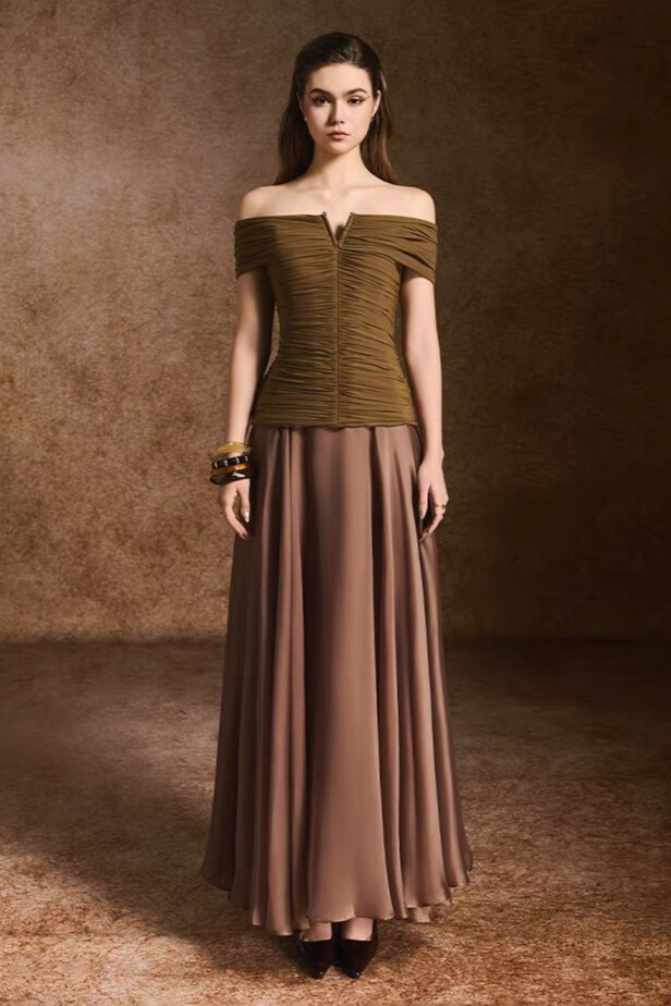 Toria Off Shoulder Ruched Maxi Dress In Brown