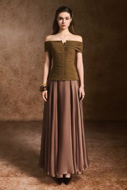 Toria Off Shoulder Ruched Maxi Dress In Brown