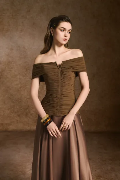 Toria Off Shoulder Ruched Maxi Dress In Brown