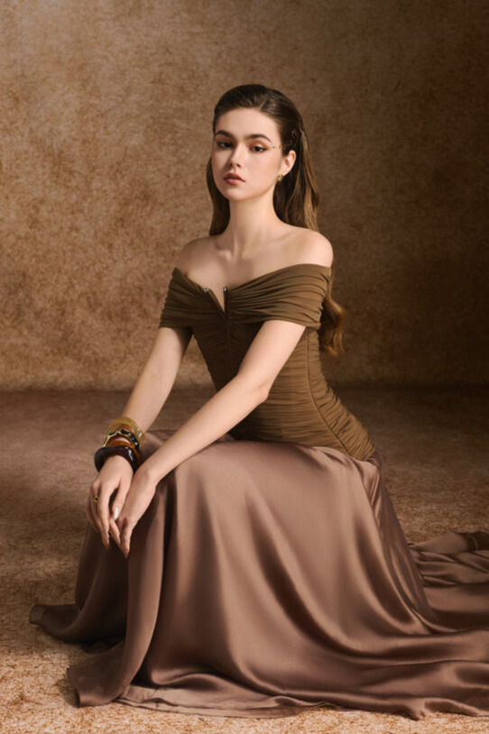 Toria Off Shoulder Ruched Maxi Dress In Brown