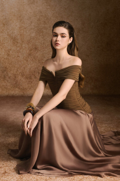 Toria Off Shoulder Ruched Maxi Dress In Brown