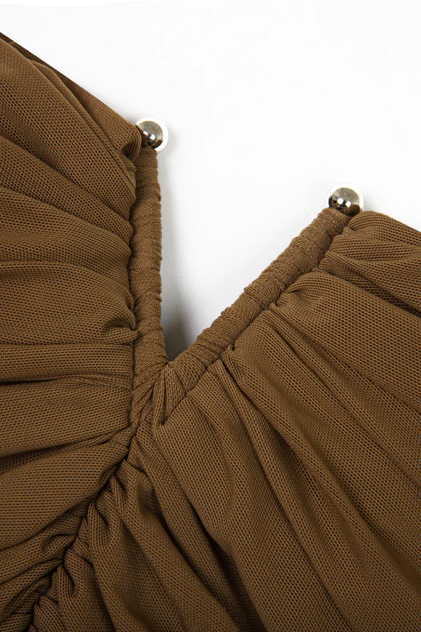 Toria Off Shoulder Ruched Maxi Dress In Brown