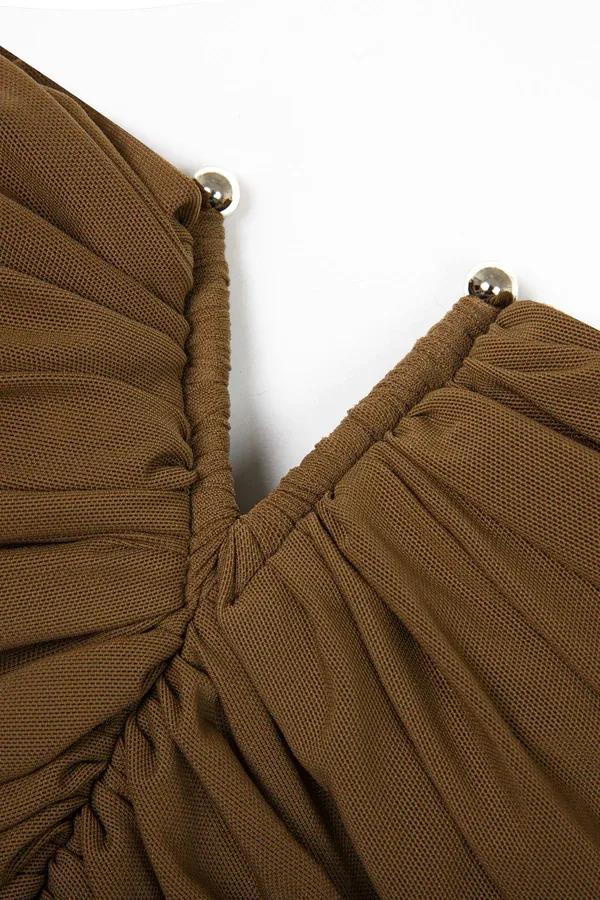 Toria Off Shoulder Ruched Maxi Dress In Brown