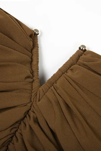 Toria Off Shoulder Ruched Maxi Dress In Brown