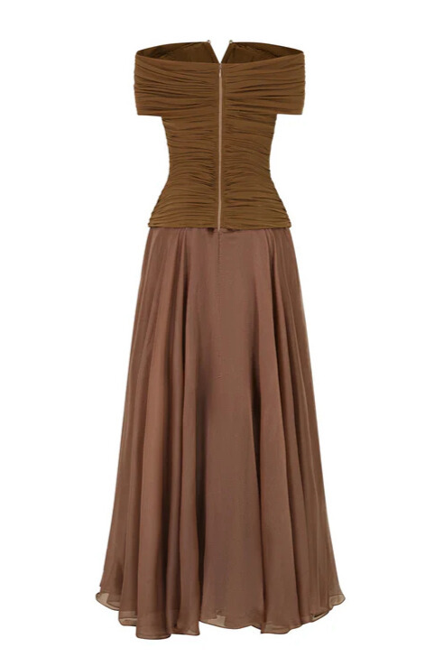 Toria Off Shoulder Ruched Maxi Dress In Brown