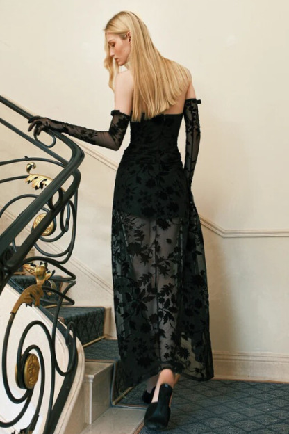 Ivona Halterneck Floral Mesh Dress In Black