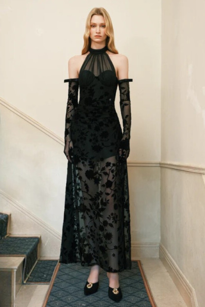 Ivona Halterneck Floral Mesh Dress In Black