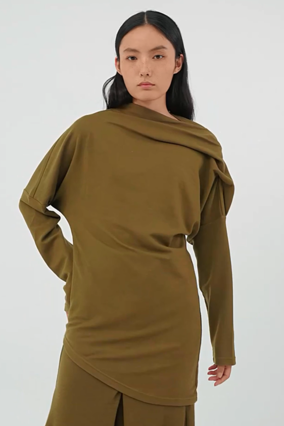 Fidelia Asymmetric Shoulder Long Sleeve Skirt Set In Olive