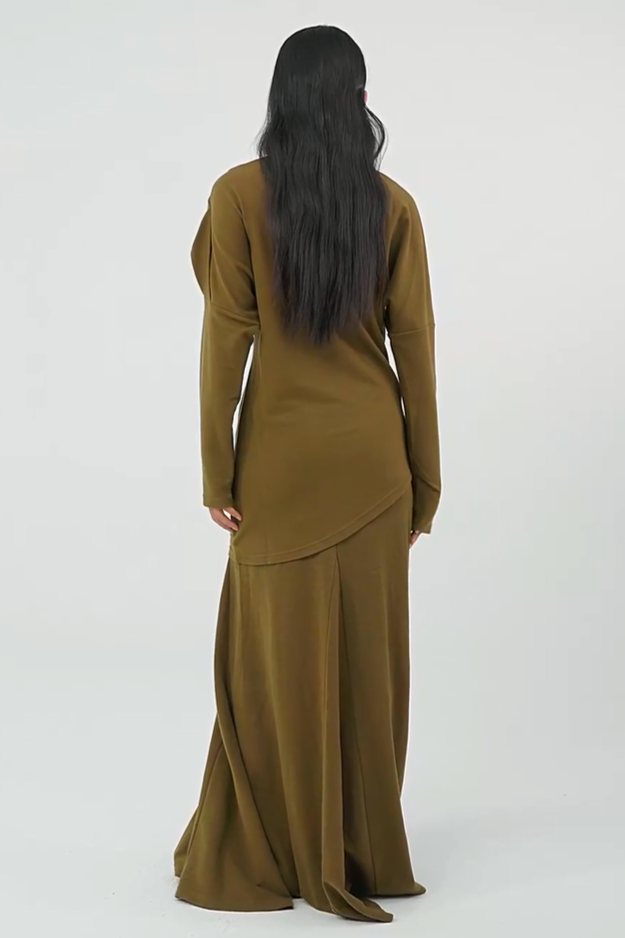 Fidelia Asymmetric Shoulder Long Sleeve Skirt Set In Olive