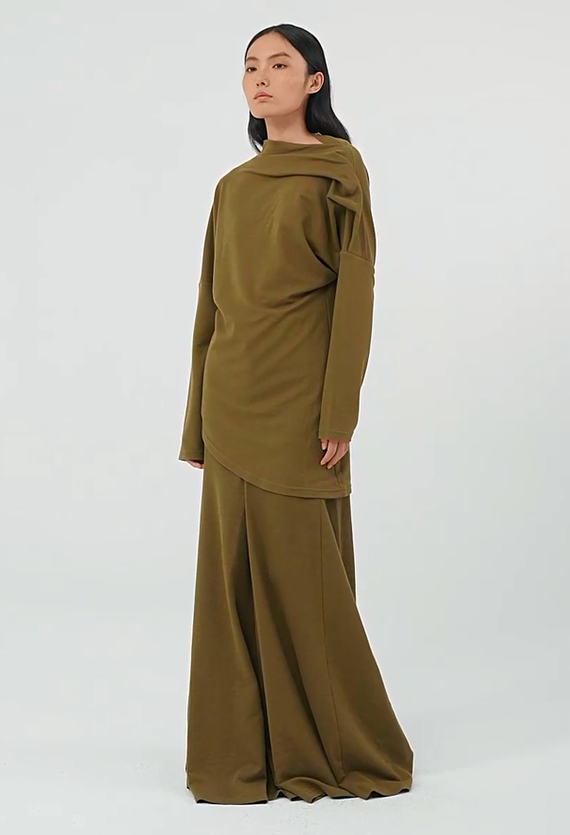 Fidelia Asymmetric Shoulder Long Sleeve Skirt Set In Olive