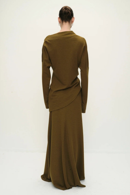 Fidelia Asymmetric Shoulder Long Sleeve Skirt Set In Olive