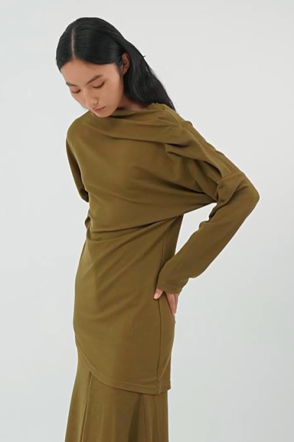Fidelia Asymmetric Shoulder Long Sleeve Skirt Set In Olive