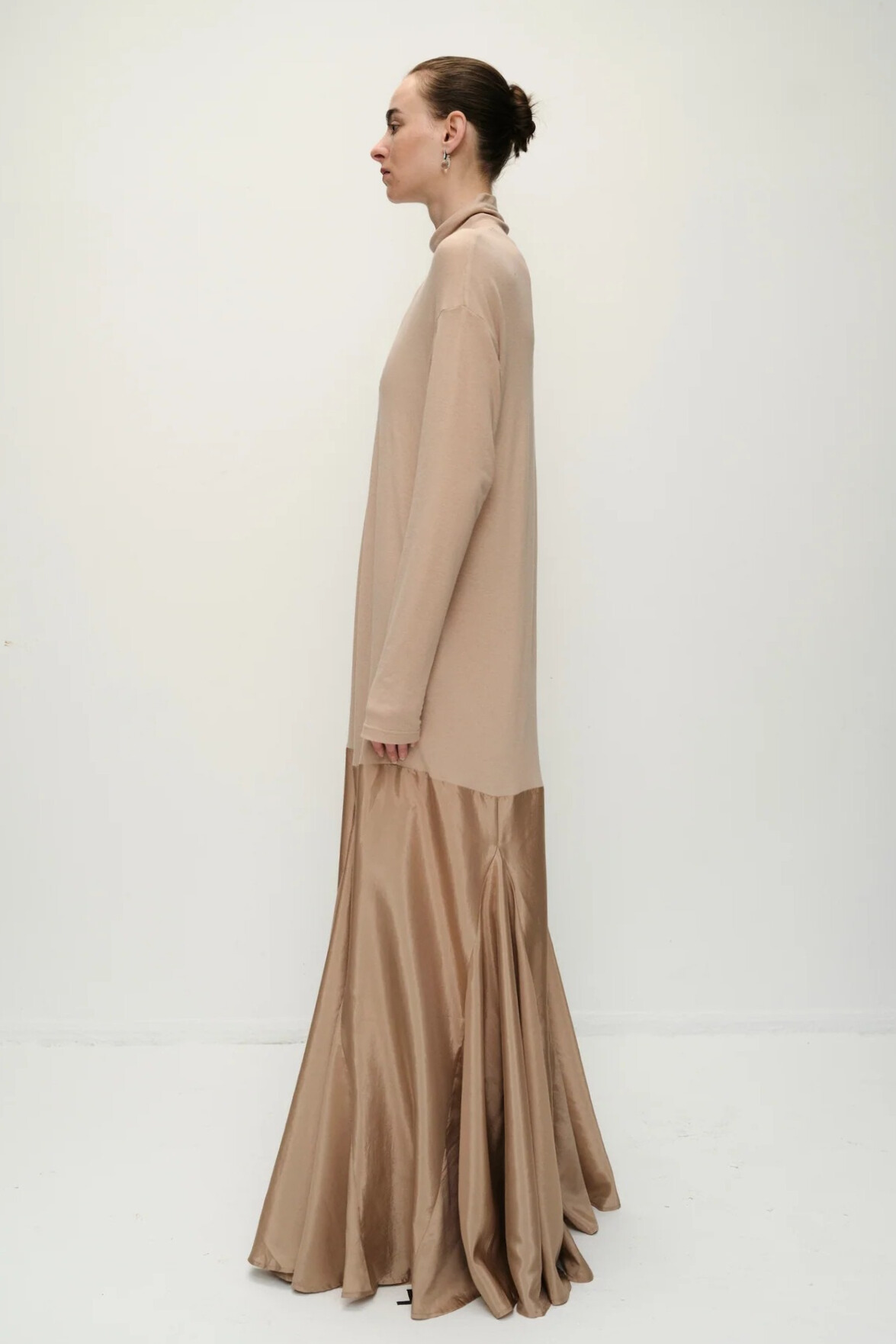 Chrissie Turtleneck Long Sleeve Maxi Dress In Beige