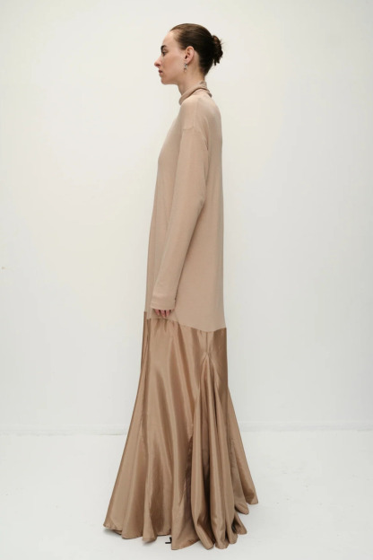 Chrissie Turtleneck Long Sleeve Maxi Dress In Beige
