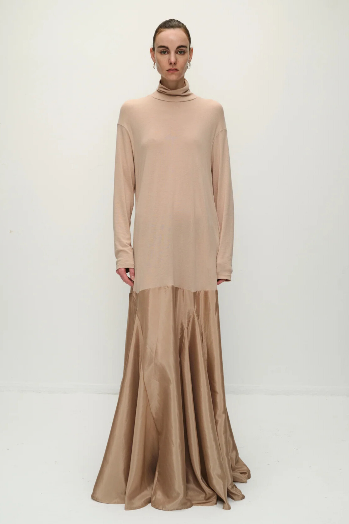 Chrissie Turtleneck Long Sleeve Maxi Dress In Beige