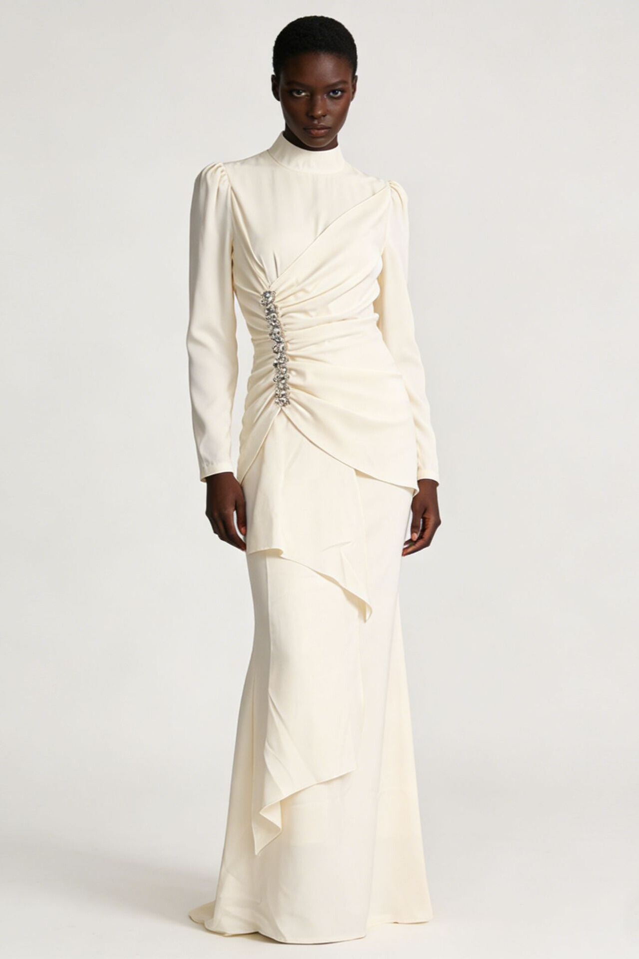 Wynter High Neck Rhinestone Satin Maxi Dress In Apricot