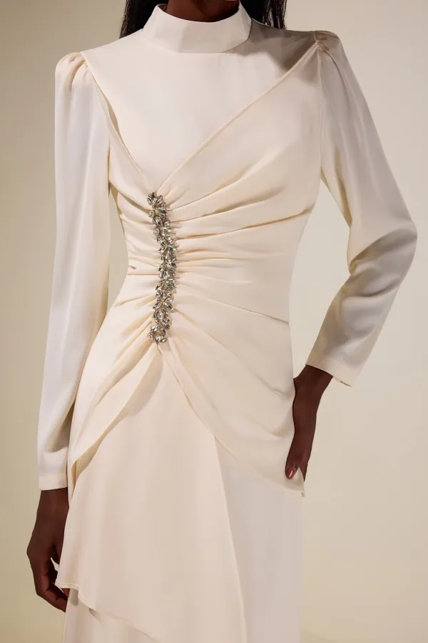 Wynter High Neck Rhinestone Satin Maxi Dress In Apricot