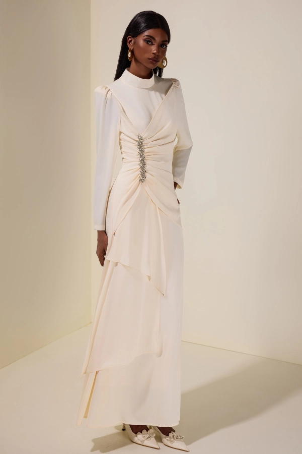 Wynter High Neck Rhinestone Satin Maxi Dress In Apricot