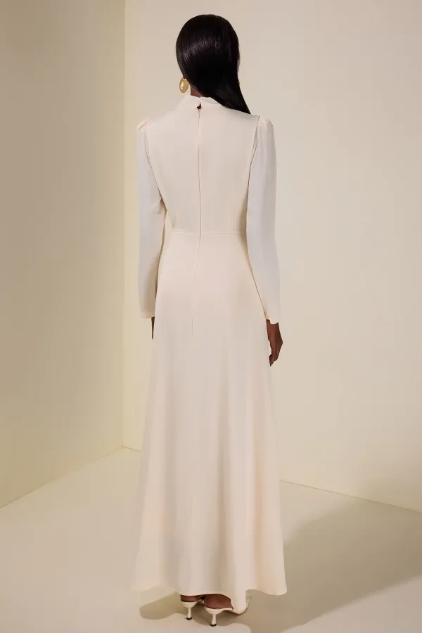 Wynter High Neck Rhinestone Satin Maxi Dress In Apricot