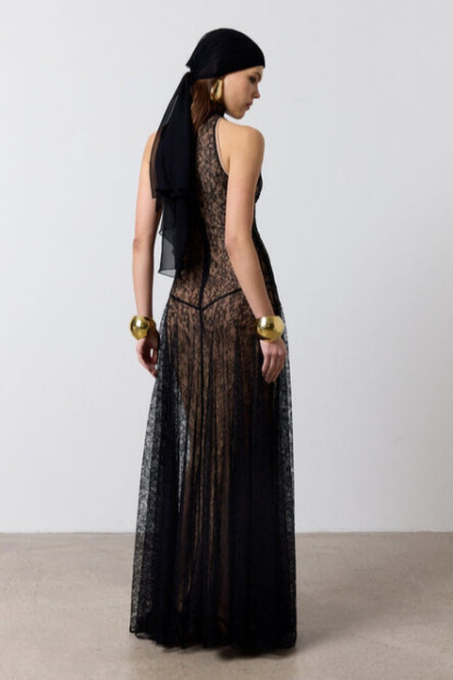 Vira Sleeveless Floral Lace Maxi Dress In Black
