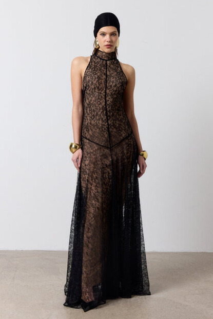 Vira Sleeveless Floral Lace Maxi Dress In Black