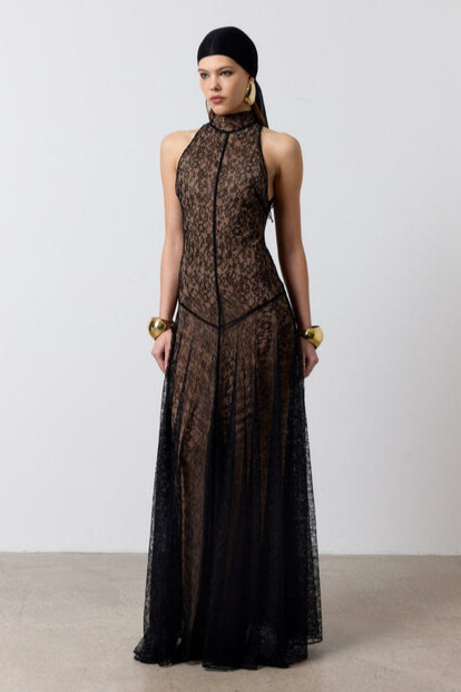 Vira Sleeveless Floral Lace Maxi Dress In Black